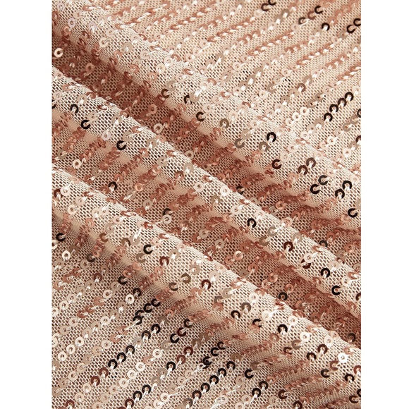 Gold Sequins on Beige V-Neck Surplice Long Sleeve Mini Dress Short - Picture 11 of 12